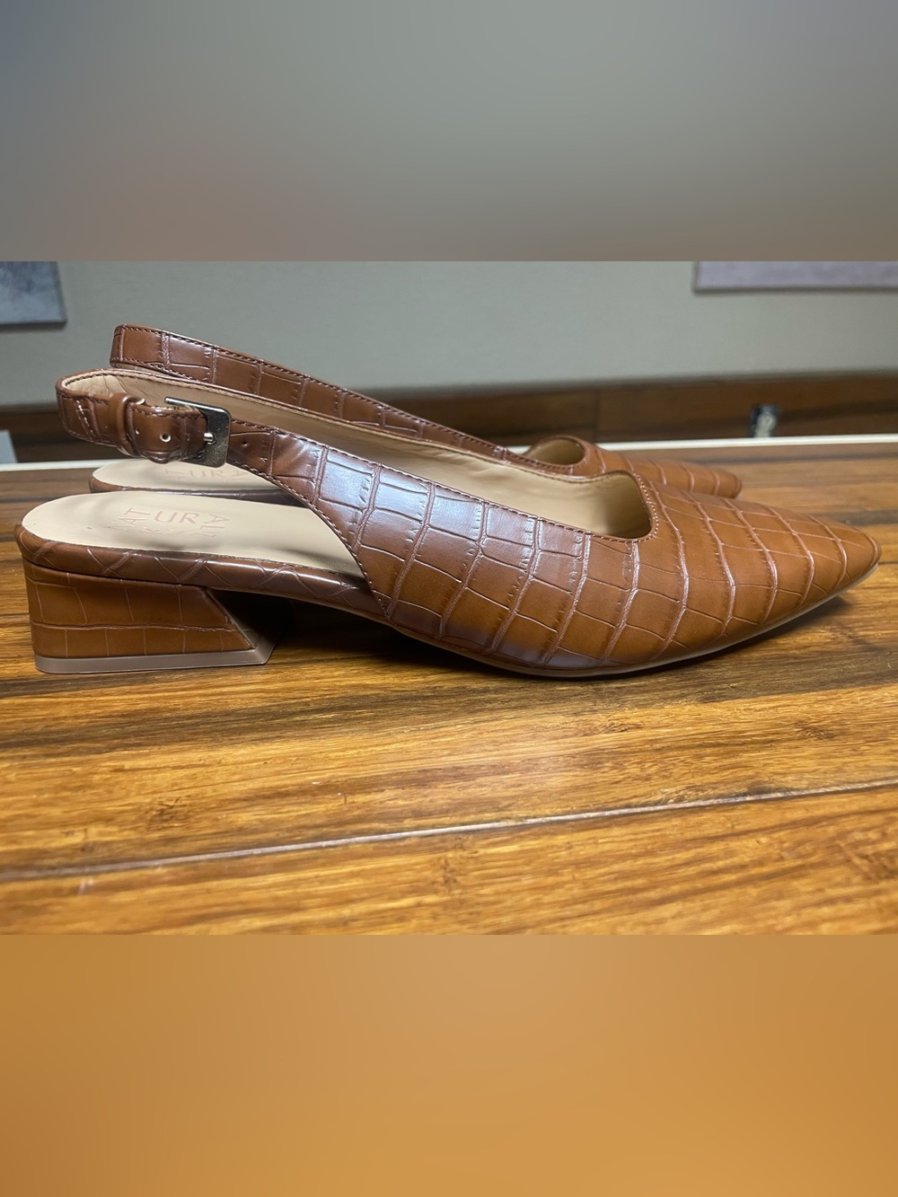 Naturalizer Tan Croc-Embossed Slingback Mules